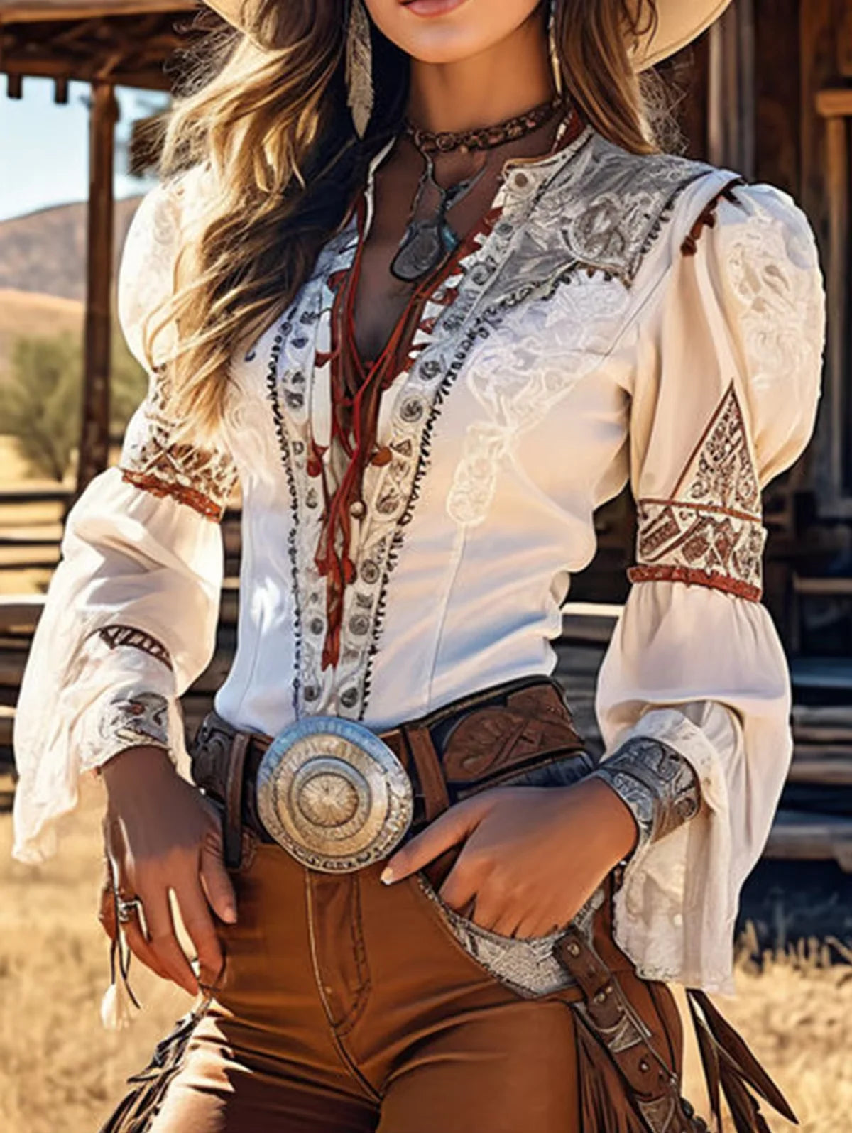 Women's Chic Western Lace-Up V-Neck Flare Sleeve Vintage Top
