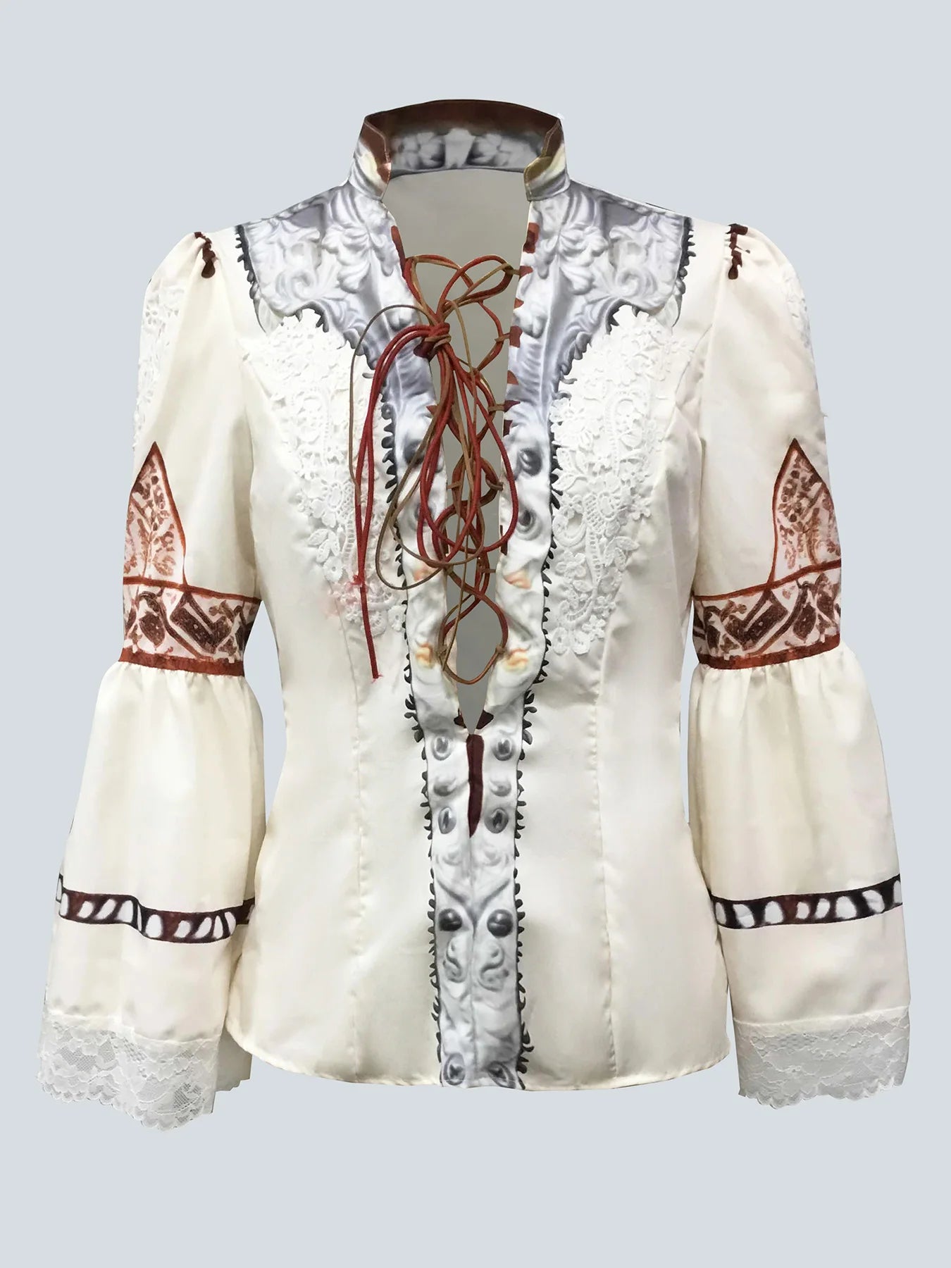 Women's Chic Western Lace-Up V-Neck Flare Sleeve Vintage Top