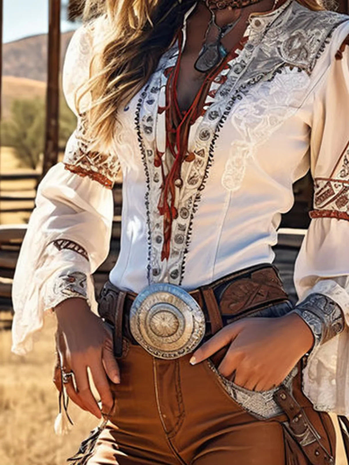 Women's Chic Western Lace-Up V-Neck Flare Sleeve Vintage Top