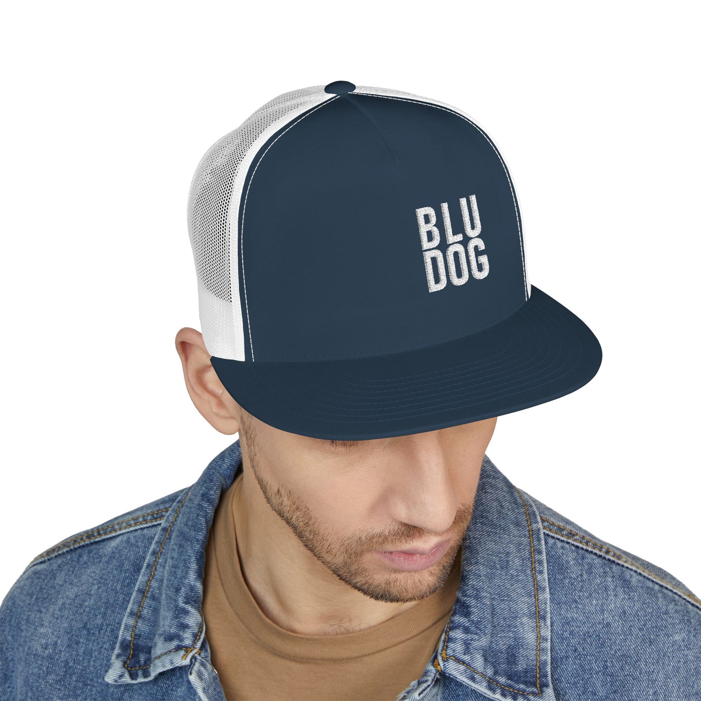 BLU DOG Trucker Cap — Retro Distressed Logo Mesh Snapback
