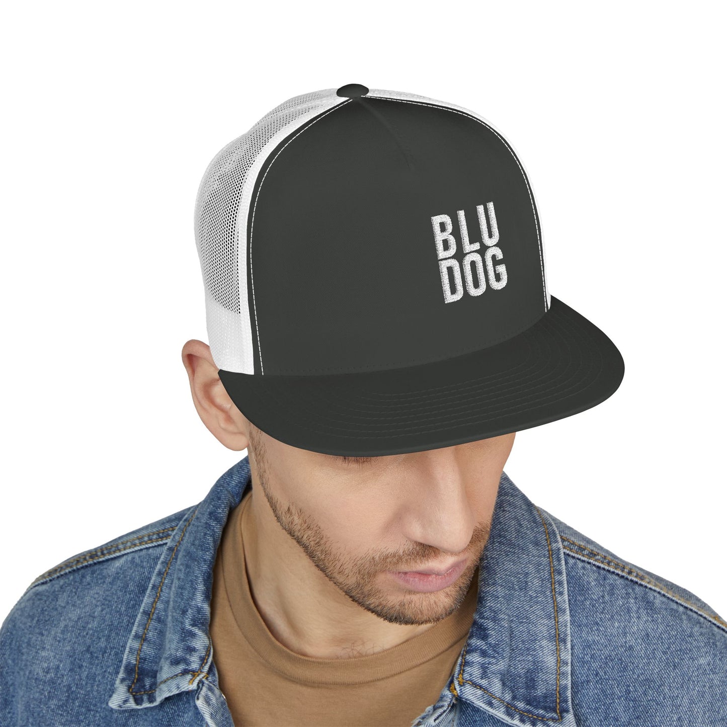 BLU DOG Trucker Cap — Retro Distressed Logo Mesh Snapback